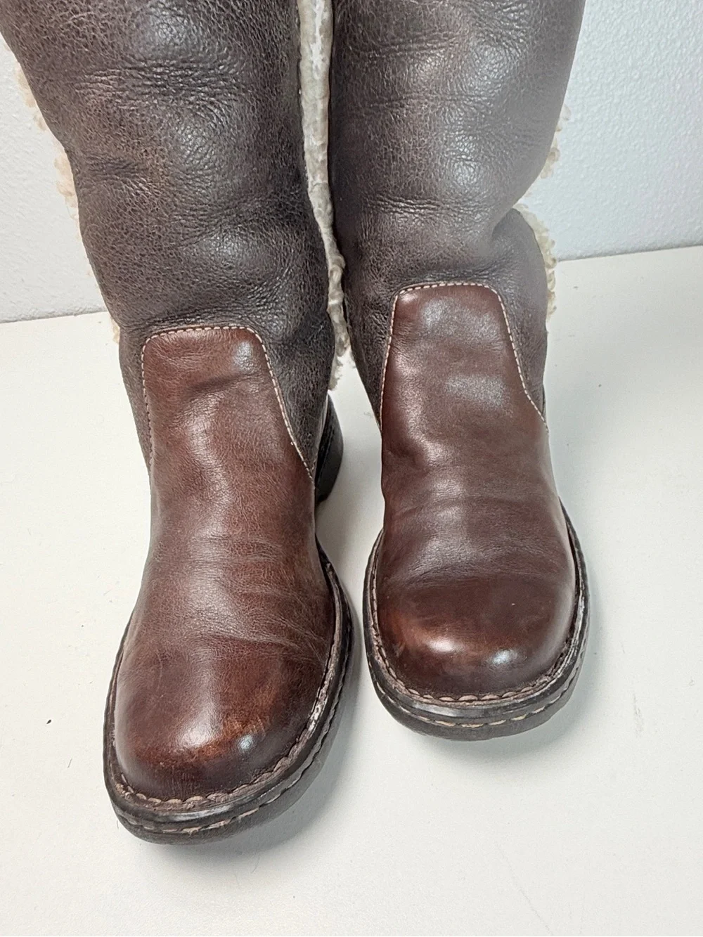Born Leather Shearling Fold Over Tall Boots Brown Womens Size 8 EU 39